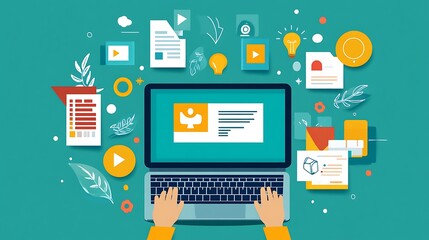 A person using a laptop computer with digital icons