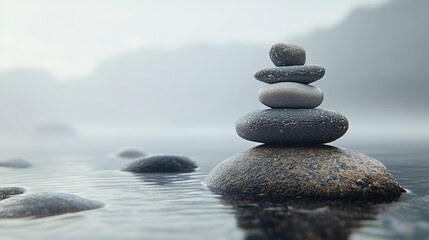 serene Balanced Stone Stack (Cairn) A close up of a carefully balanced stone stack in shallow water, with the smooth stones and still water conveying a sense of tranquility and mindfulness.