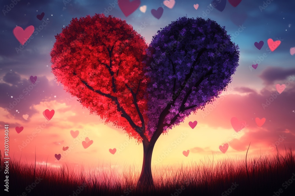 Poster tree with two branches and leaves that form a heart shape. the heart is surrounded by many small hea