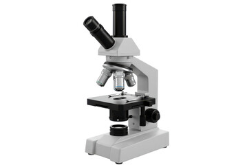 Modern scientific microscope with black and white detailing, isolated on white background