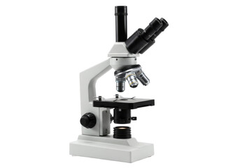 Modern scientific microscope with black and white detailing, isolated on white background