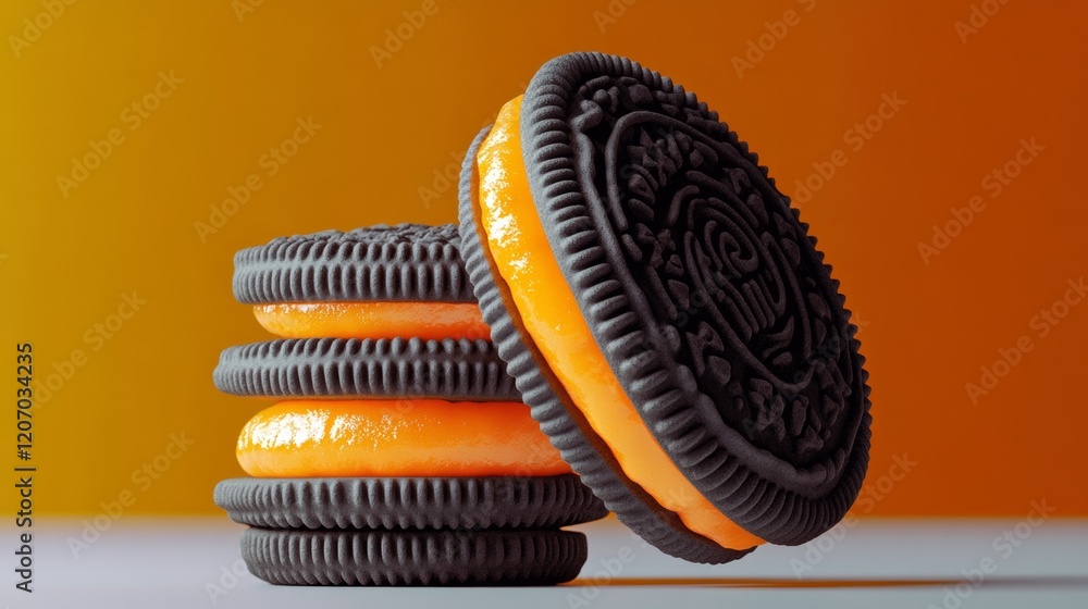 Poster stack of oreo cookies with a yellow filling. the image has a playful and fun mood, as the cookies ar