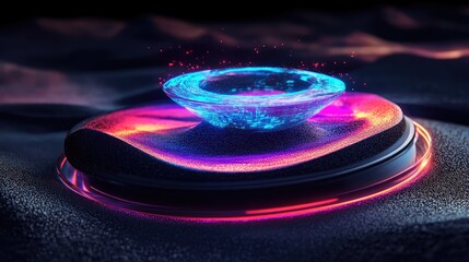 Abstract high-tech landscape visualizing the process of text evolving into vibrant holographic visuals with glowing elements