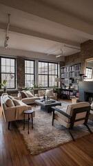 Interior of furnished living room with large windows and brick wall. Horizontal shot.