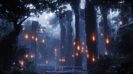 Fototapeta premium Abstract high-tech landscape with glowing nodes, holographic data streams, and futuristic light effects
