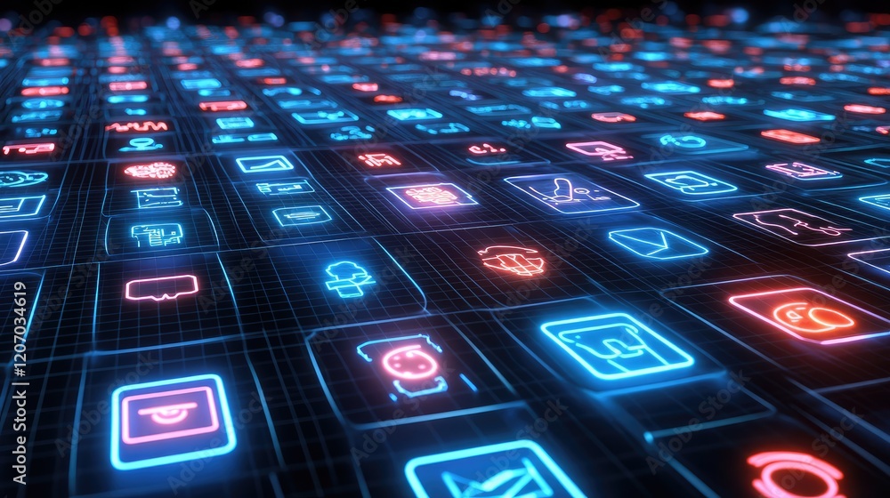 Poster abstract holographic ai interface with glowing icons and patterns, placed on a futuristic grid backg