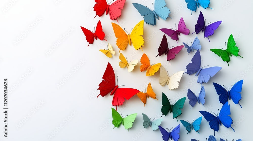 Aufkleber colorful array of paper butterflies are flying in the air. the butterflies are of various colors and