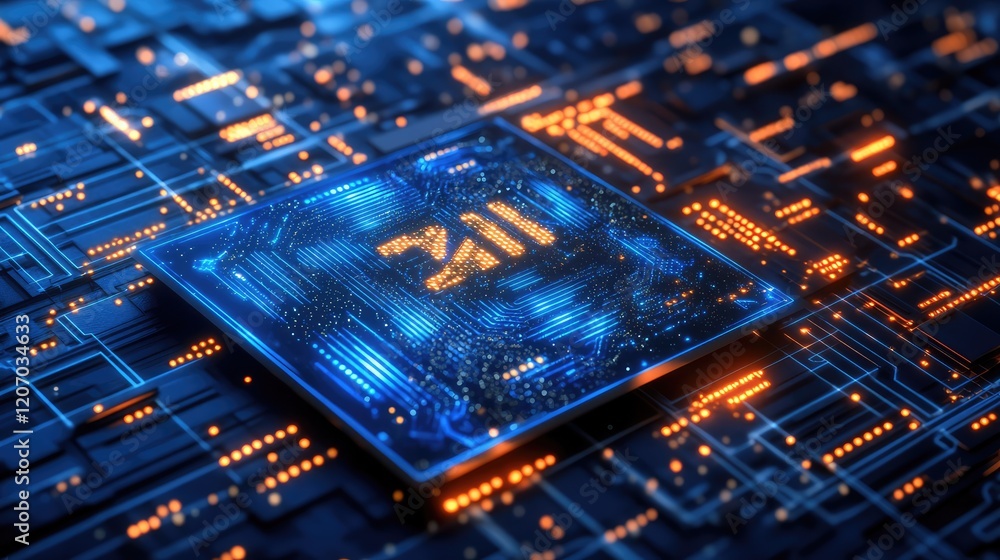 Poster abstract holographic ai interface with glowing icons and patterns, placed on a futuristic grid backg