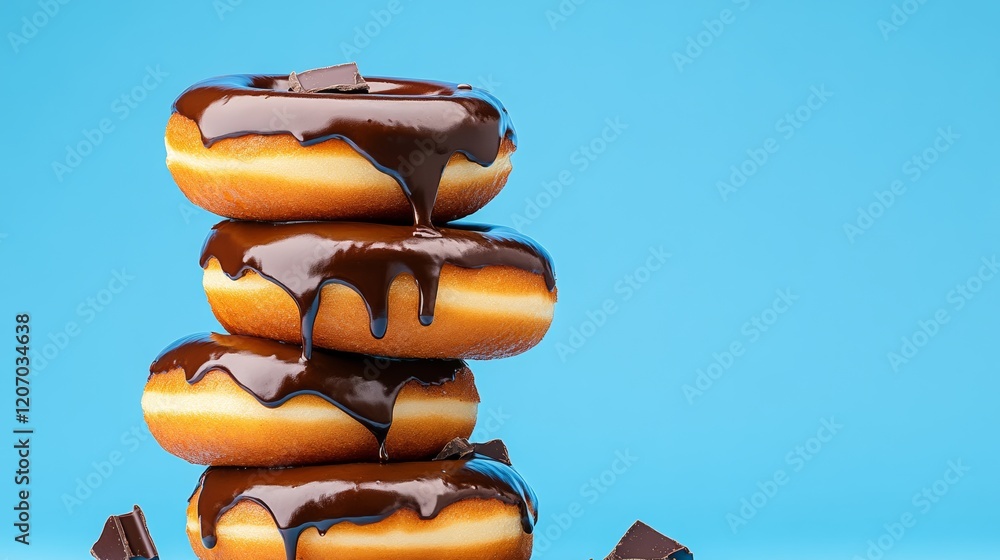 Poster stack of chocolate donuts with chocolate drizzle on top. the donuts are piled on top of each other, 