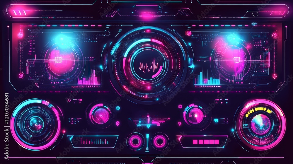 Poster abstract holographic technology interface with glowing nodes, dynamic data lines, and futuristic vis