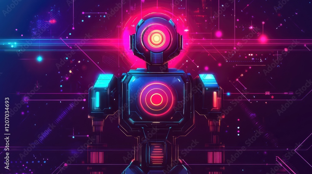 Poster abstract intelligent robot design with sleek features and glowing energy patterns, set against a cle