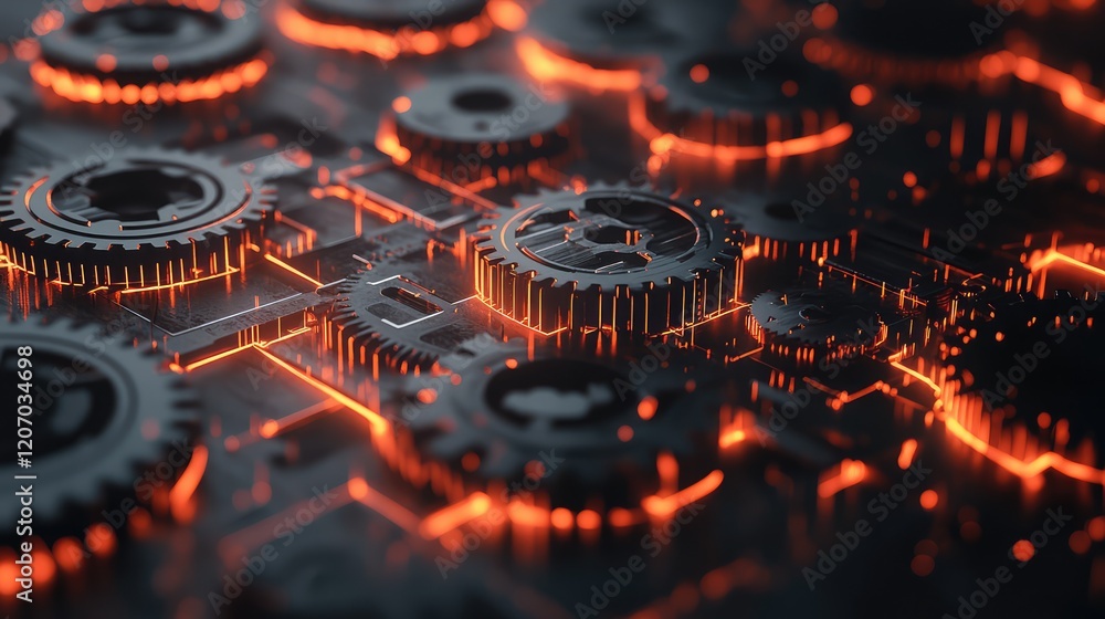 Poster abstract network of glowing gears, automation icons, and dynamic data streams in a clean futuristic 