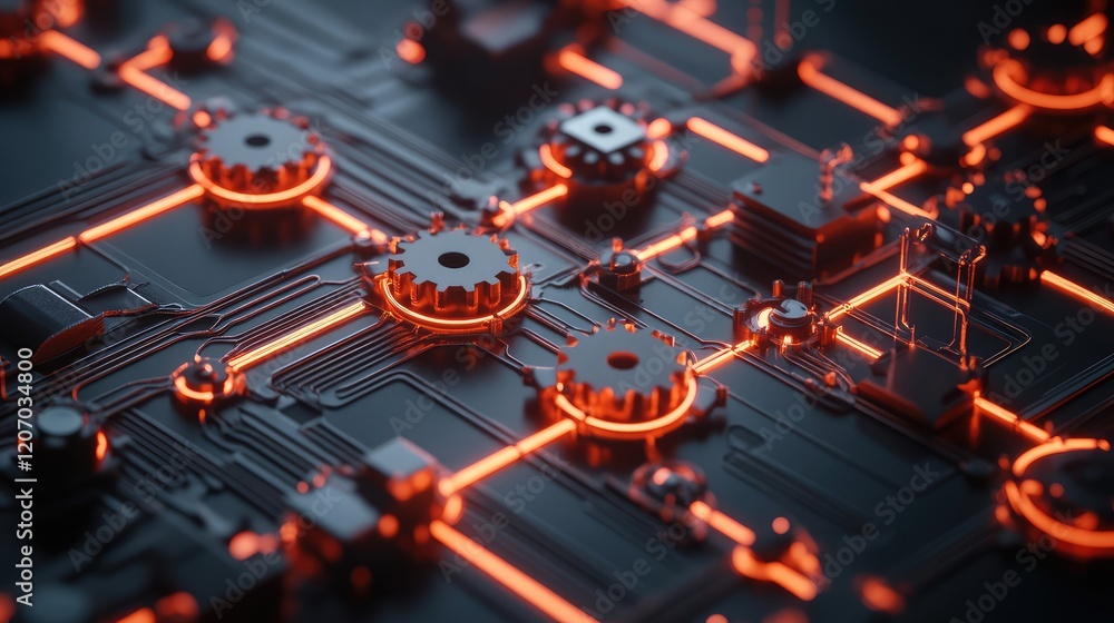 Poster abstract representation of automation systems with glowing gears, dynamic workflows, and control dia