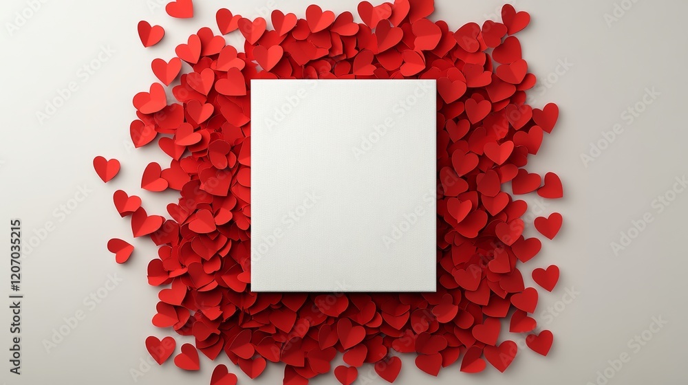 Poster white box with a red border is surrounded by a large number of red hearts. concept of love and affec