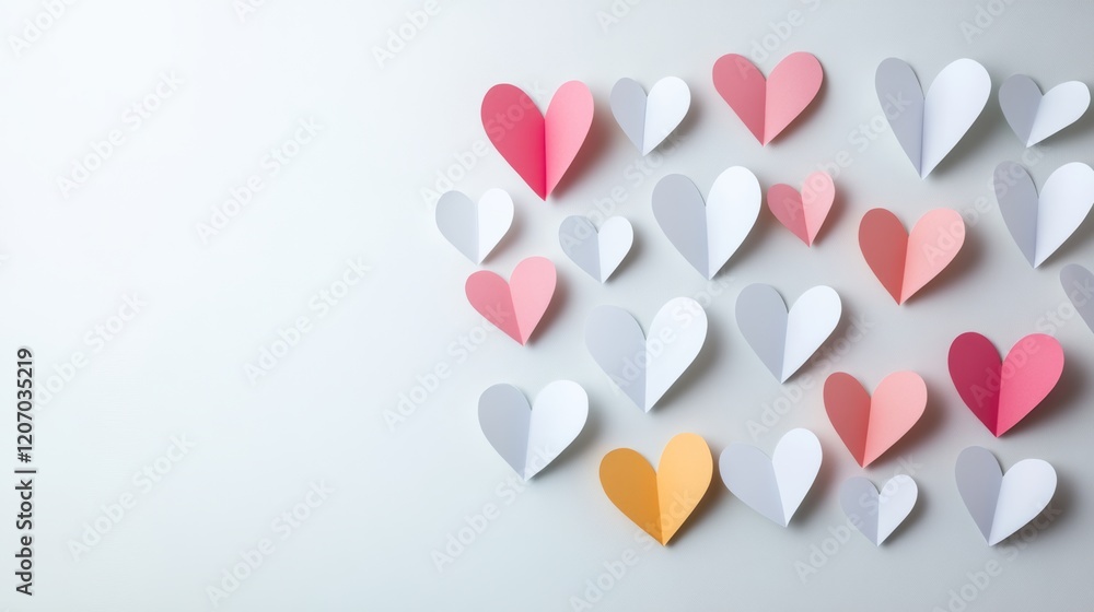 Poster white background with a bunch of hearts in different colors. the hearts are arranged in a way that t