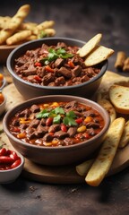 A steaming bowl of beef chilli with a side of warm, crusty breadsticks, crispy, chilli