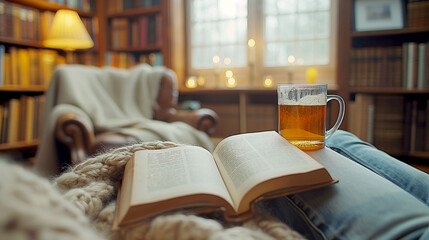 Cozy reading corner with luxurious armchair and warm blanket to enjoy your favorite book in tranquil silence. A cup of tea or coffee nearby, surrounded by bookshelves, enhances peaceful contemplation.