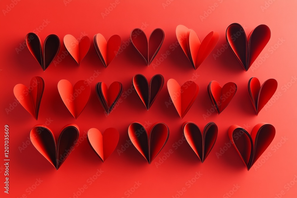Poster red background with a row of hearts on it. the hearts are all different sizes and are placed in a ro