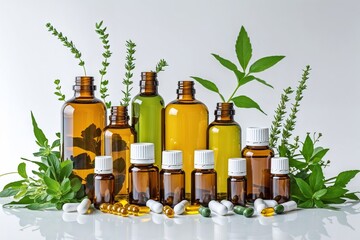 Natural essential oil bottles, herbal supplement pills, green leaves on white. Perfect for health, beauty, wellness websites