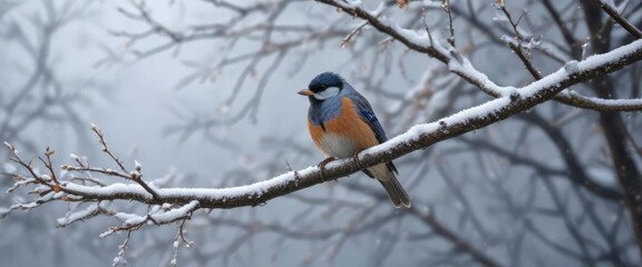 Naklejka premium Bird perched on a bare branch of the deciduous tree during snowfall, maple leaf, tree, branch