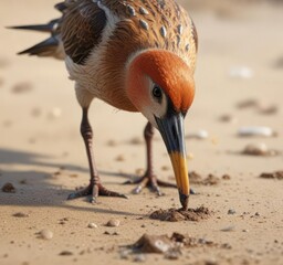 Obraz premium Bird probing the ground with its beak in the wet sand, bird beak probe, natural habitat exploration, aquatic bird behavior