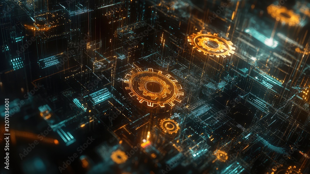 Poster abstract visualization of automated workflows with glowing gear icons and dynamic data patterns on a