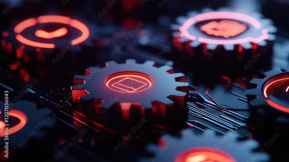 Poster abstract visualization of automated workflows with glowing gear icons and dynamic data patterns on a