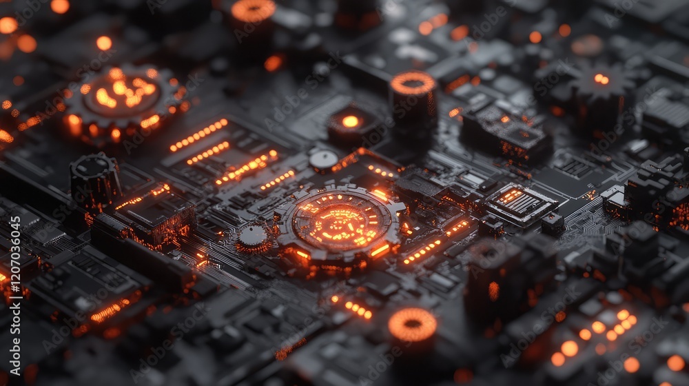 Poster abstract visualization of automated workflows with glowing gear icons and dynamic data patterns on a