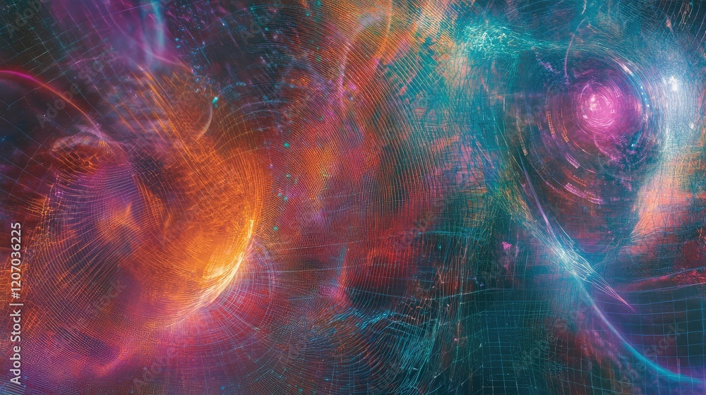 Poster abstract visualization of glowing text prompts evolving into holographic images with vibrant futuris