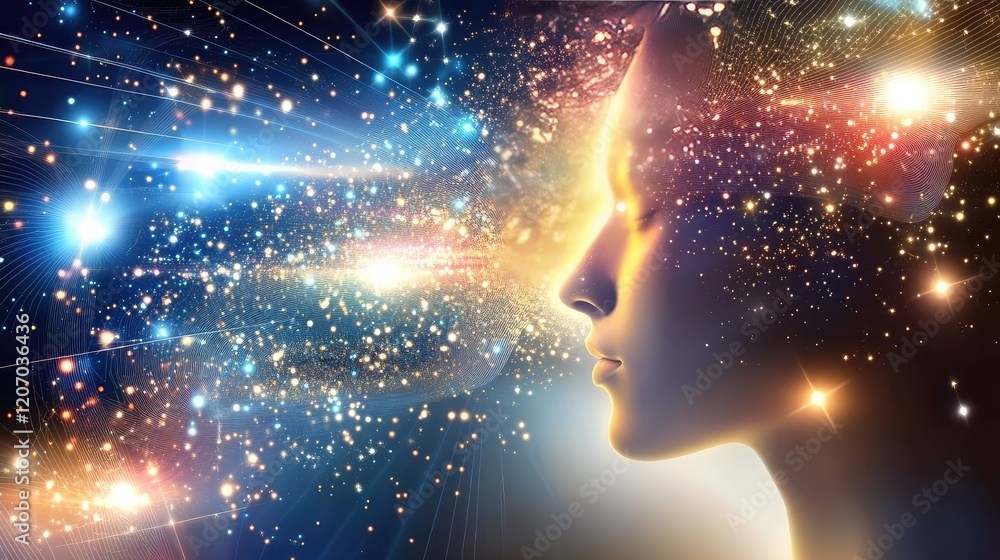 Fototapete abstract visualization of glowing text prompts evolving into holographic images with vibrant futuris