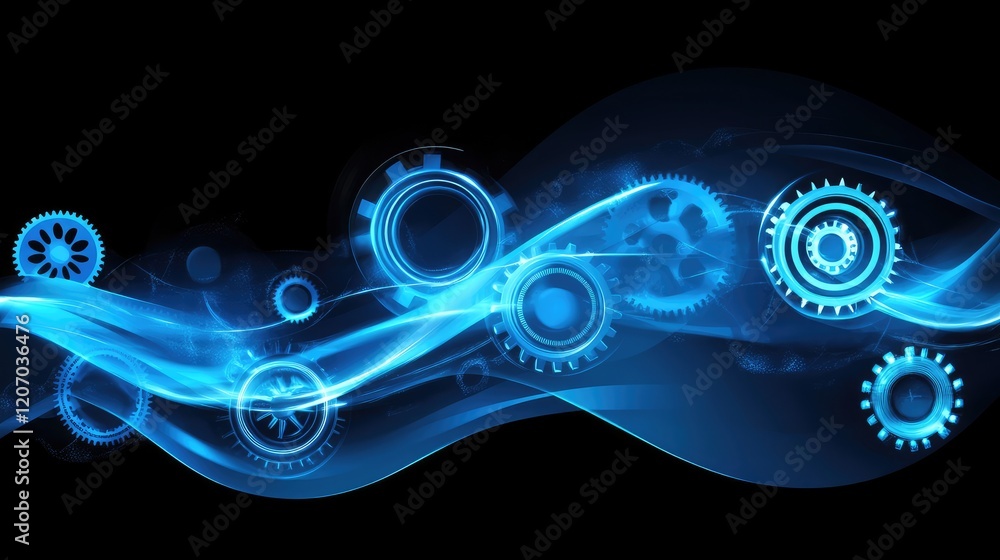 Poster abstract wave of glowing automation symbols and mechanical gears, representing advanced system integ