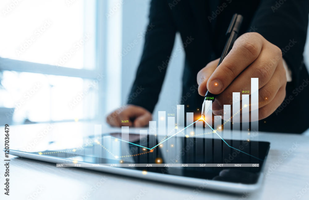 Aufkleber business growth graph chart. businessman using tablet analyzing sales data and financial report.fina