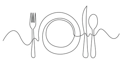 Continuous Line Drawing of Plate, Fork, Knife, Spoon vector Illustration