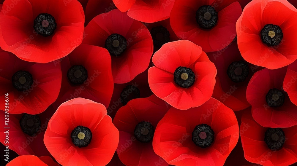 Poster Close up of red poppy flowers. The flowers are arranged in a row and are very close to each other. Concept of unity and togetherness, as the flowers are all the same color and shape