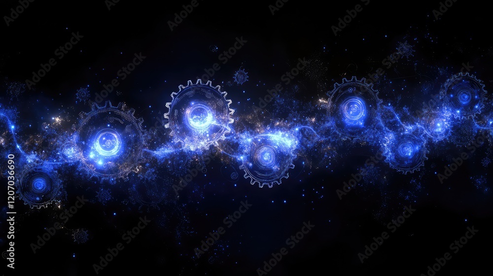 Poster abstract wave of interconnected glowing automation symbols, gears, and control nodes on a clean dark