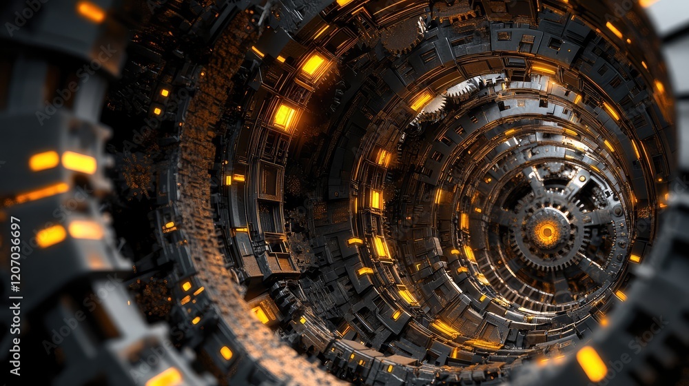 Poster abstract wave of glowing automation symbols and mechanical gears, representing advanced system integ