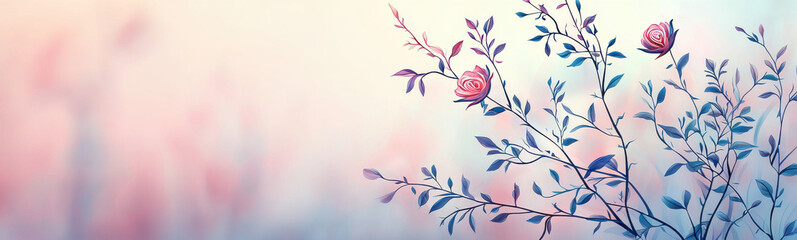 Fototapeta premium Delicate rose branches with pink and lavender gradient background, evoking serenity