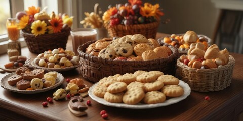A table filled with an assortment of Thanksgiving treats such as cookies, fudge, and candy arranged in decorative baskets and containers, dining, autumn, festive