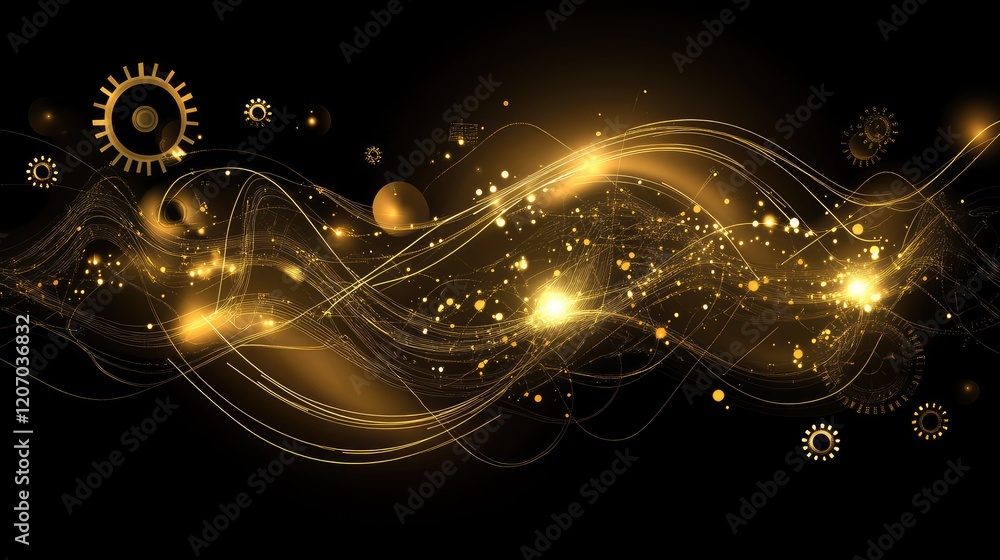 Aufkleber abstract wave of interconnected glowing automation symbols, gears, and control nodes on a clean dark