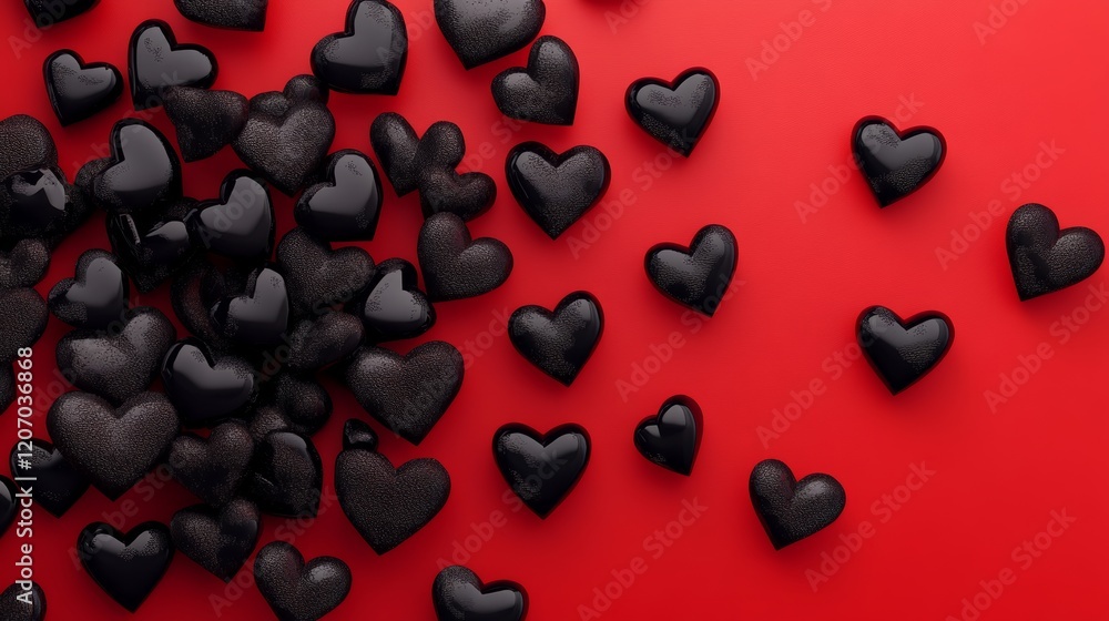 Poster red background with many black hearts scattered around it. the hearts are of different sizes and are