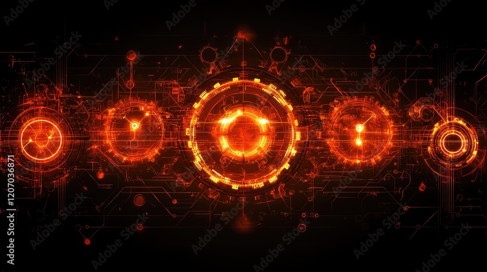Poster abstract wave of interconnected glowing automation symbols, gears, and control nodes on a clean dark