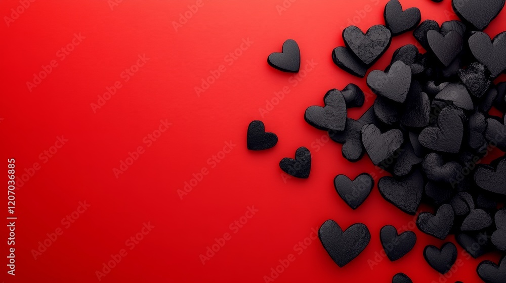 Poster red background with a bunch of black hearts scattered around it. the hearts are of different sizes a