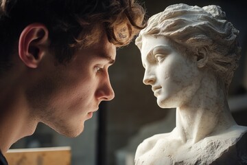 A young man gazes intently at a classical bust, perhaps contemplating art's timeless beauty and inspiration.