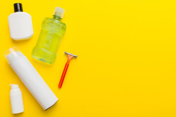 Composition with bath cosmetics on table. razor, toothpaste, soap, gel, toothbrush, mouthwash and other various accessories. Cosmetics for skin health. Bath Mockup for your logo