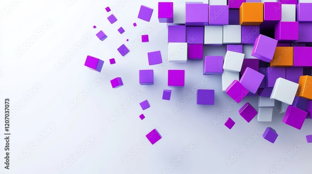 Poster wall of blocks in various colors, including purple and orange, with a white background. the blocks a