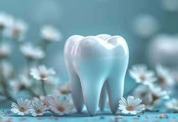 Tooth model surrounded by delicate flowers on a textured blue background