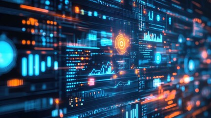 Advanced glowing digital interface with text prompts morphing into high-resolution visuals surrounded by dynamic holographic effects