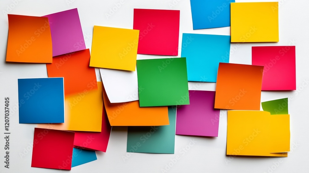 Poster bunch of colorful sticky notes are scattered on a white background. the notes are of various sizes a