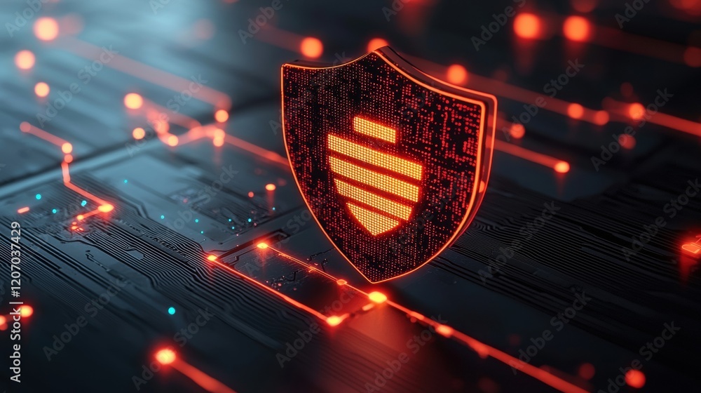 Poster protection cybersecurity shield shield with a firewall icon and digital data streams, symbolizing ne