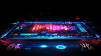 Advanced holographic display of an AI system converting glowing text prompts into vibrant visuals with futuristic patterns